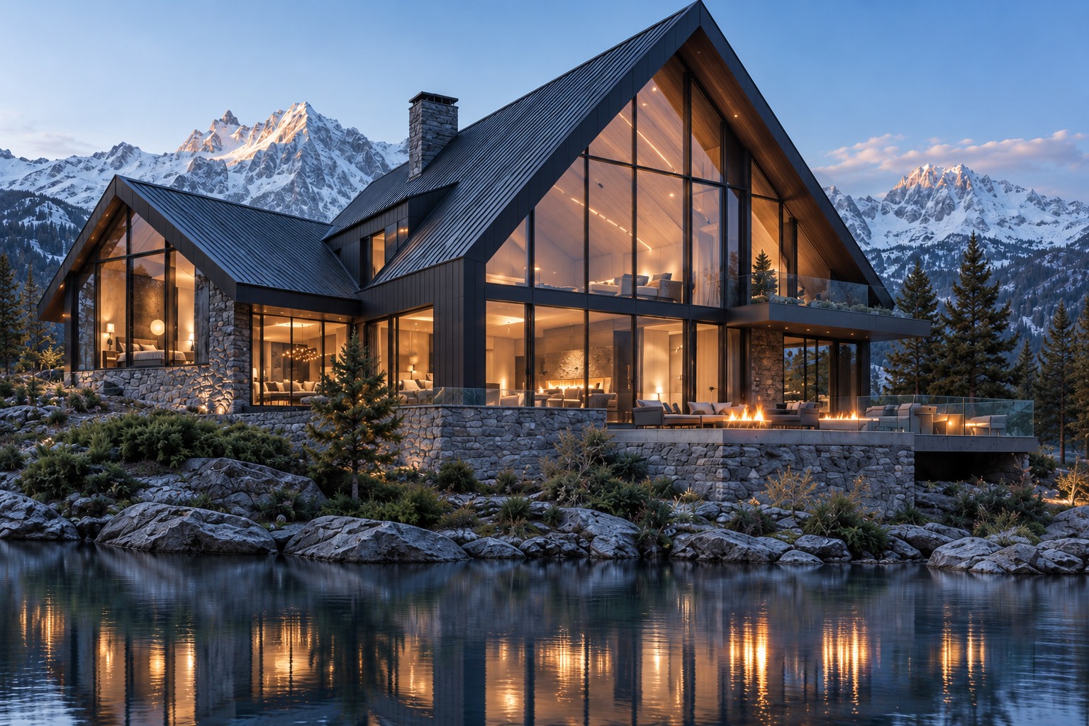 Closer terrace view of the same alpine villa’s dark zinc roof and glass facade.