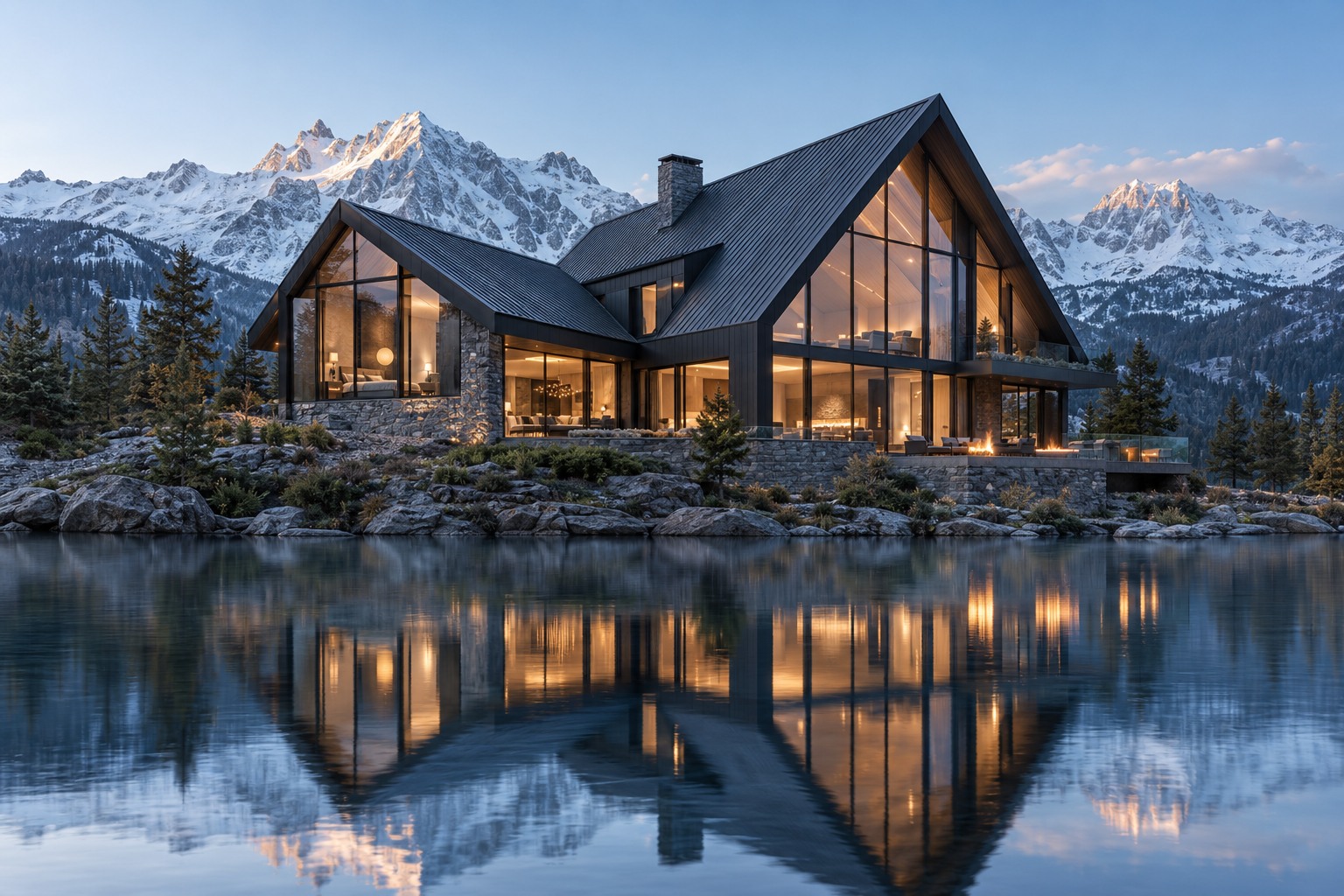 A contemporary lakeside alpine villa with intersecting dark zinc gables, glass interiors and snowy peaks beyond.