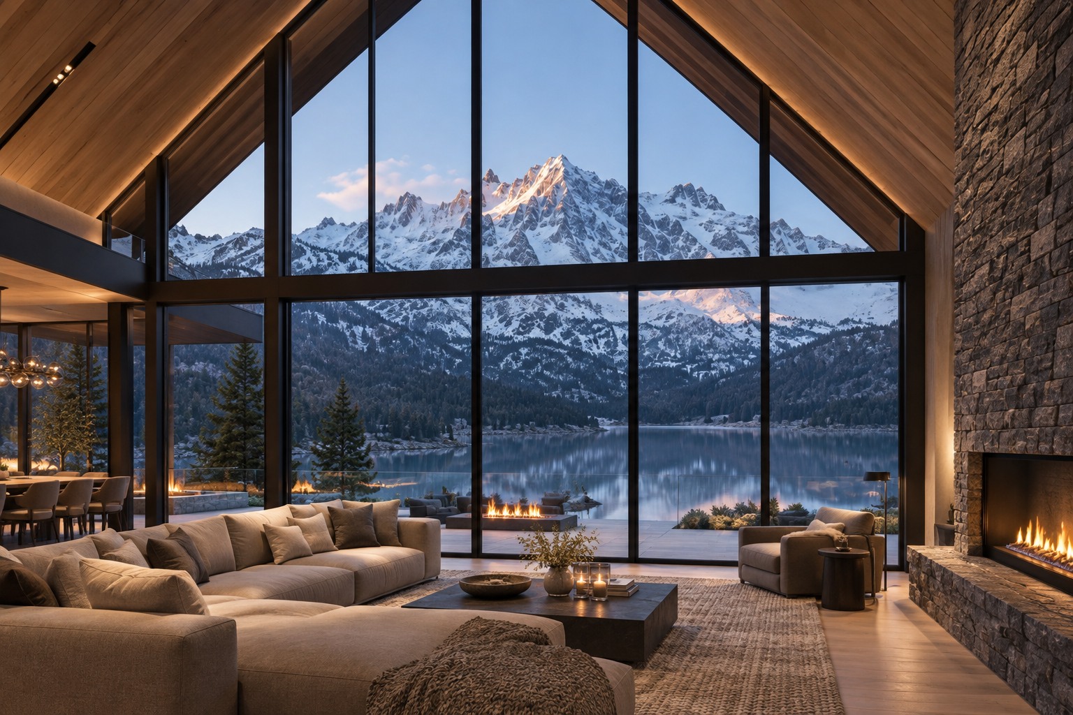 Interior view through the alpine villa’s glazed gable towards its lake and mountains.