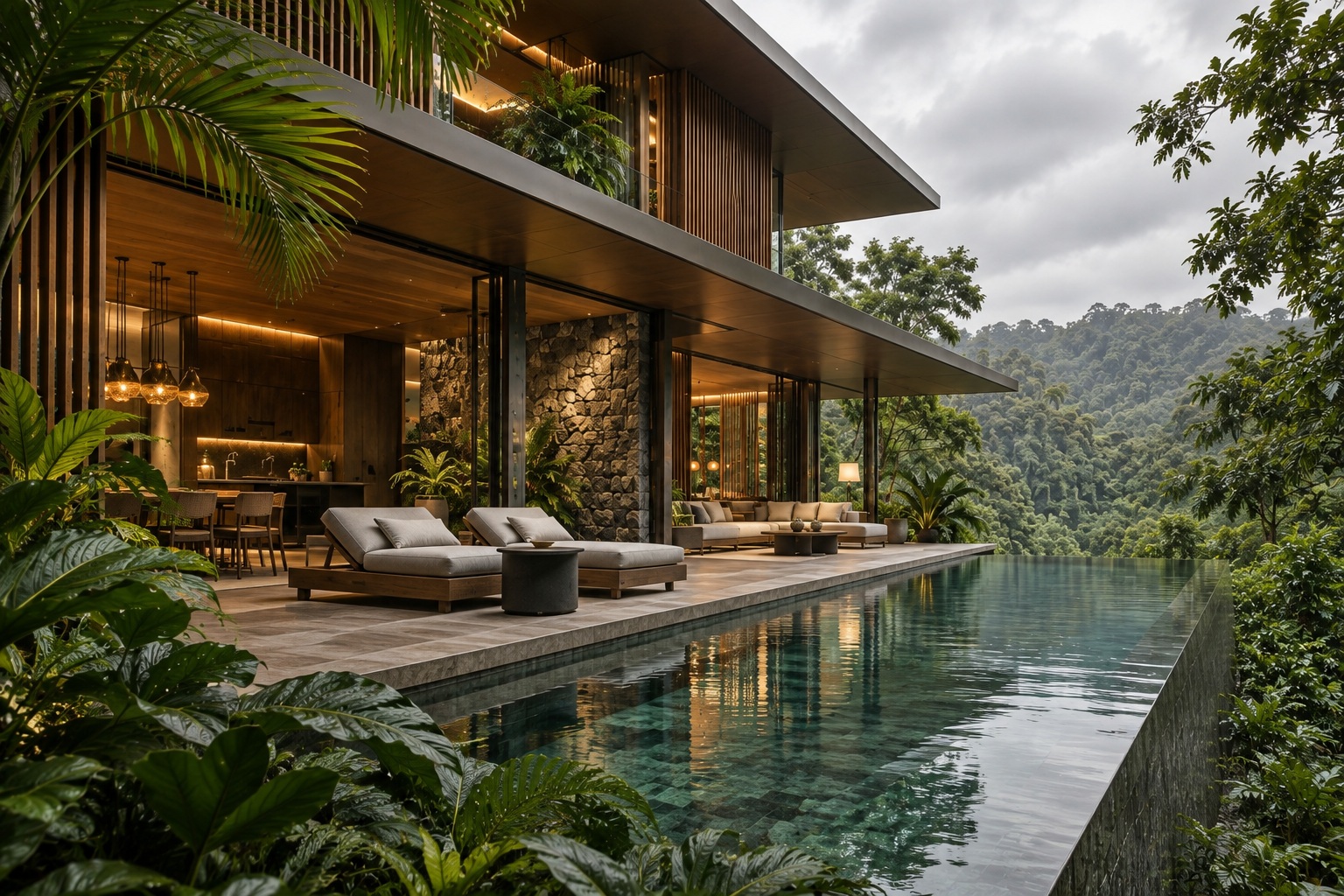 Pool terrace detail with the tropical villa’s timber screens and thin roof planes.