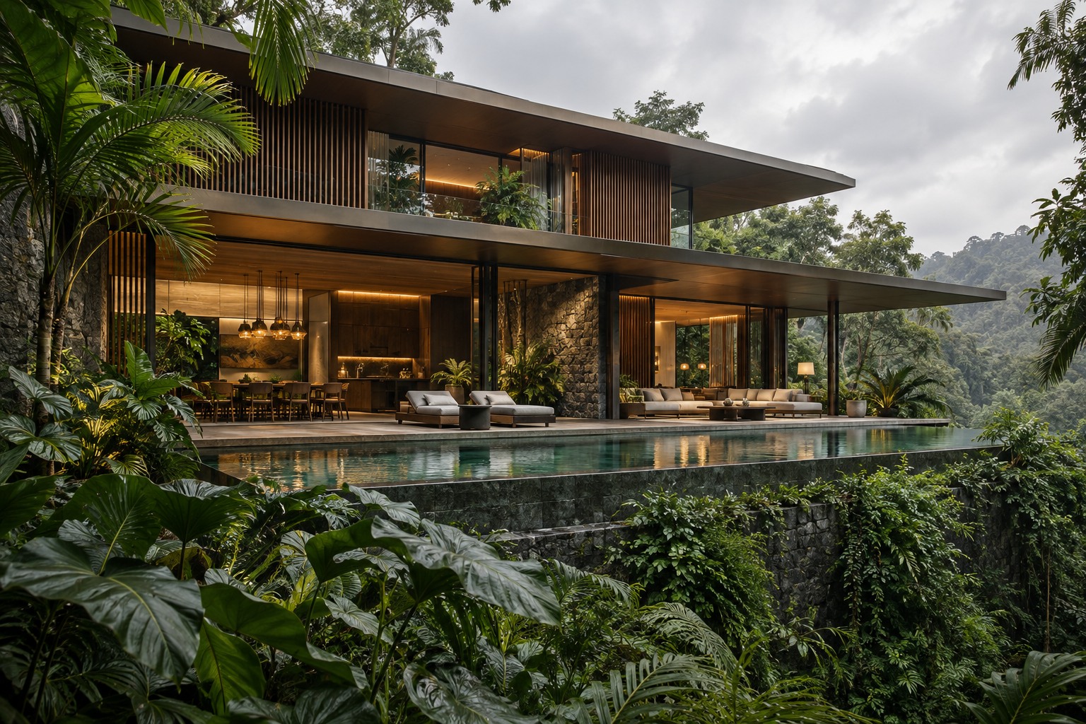 A contemporary tropical luxury villa with dark timber screens, thin bronze roofs and a pool among lush vegetation.