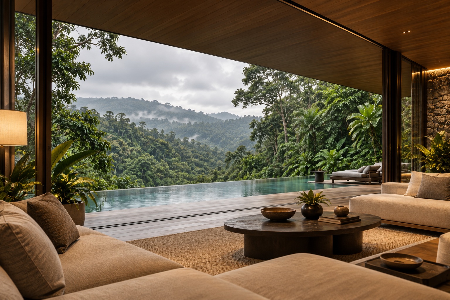 Living room facing the same tropical villa’s pool and rainforest.