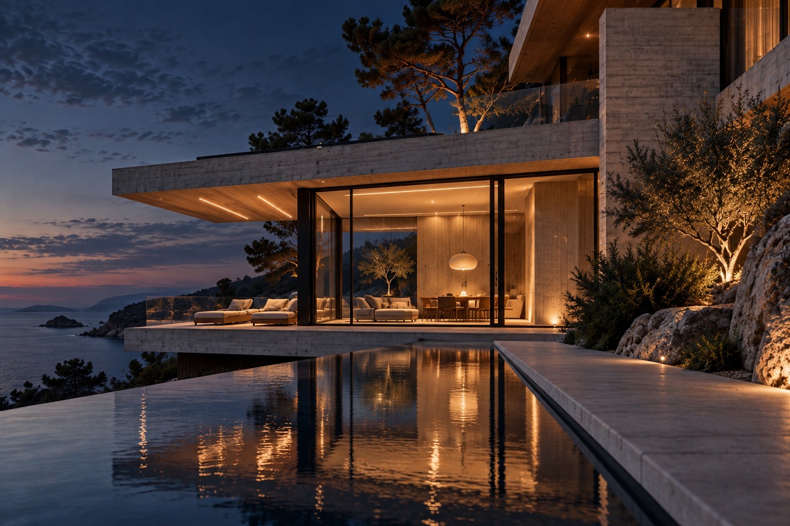 Close terrace and pool detail of the same concrete coastal villa.
