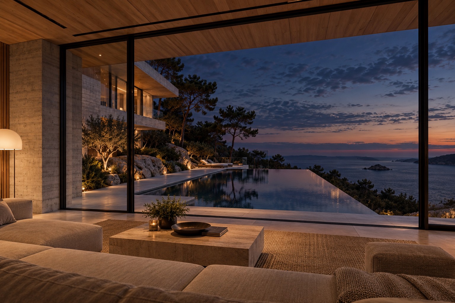 Living room looking towards the coastal villa’s pool and sea.