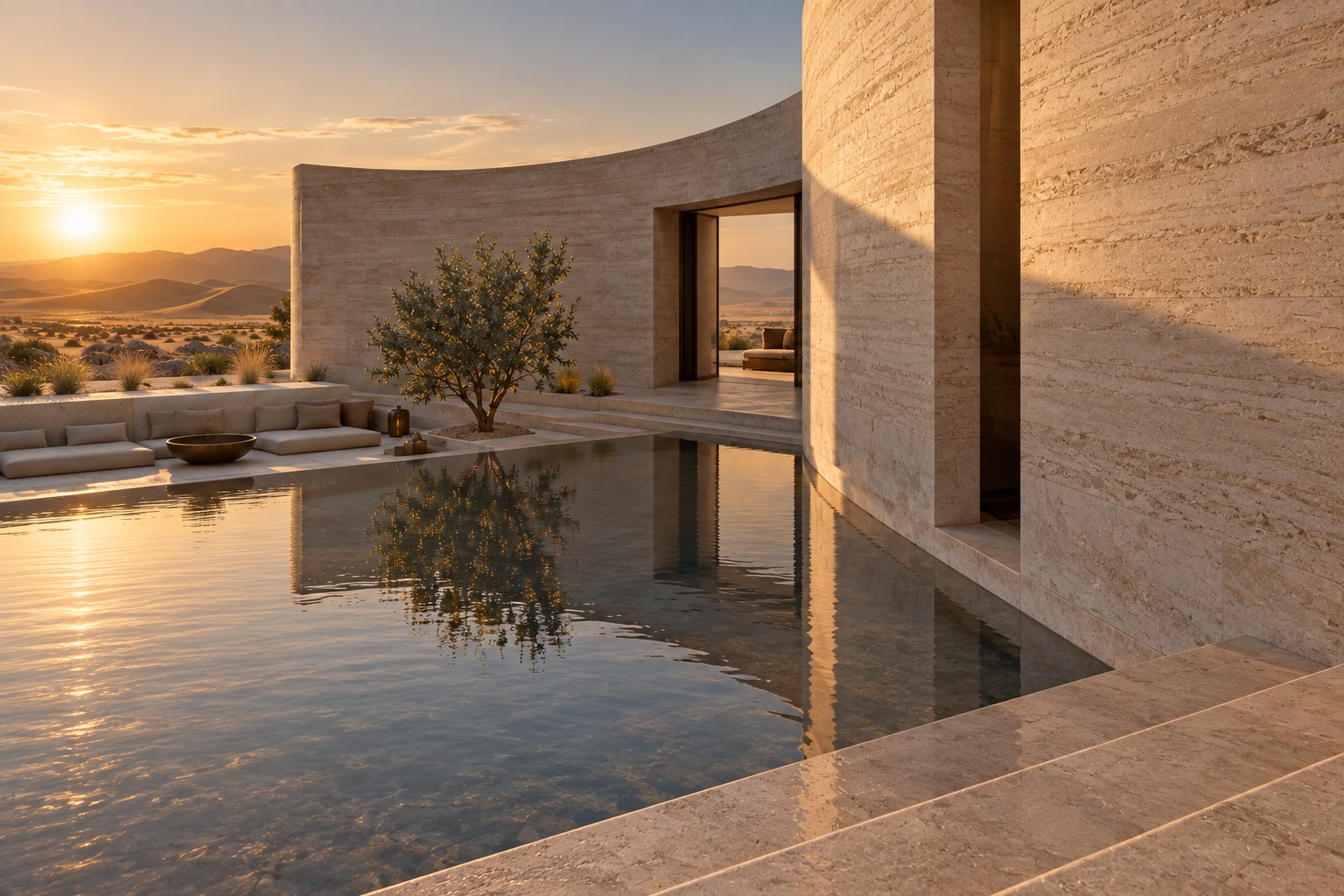 Close view of the desert villa’s curved stone wall and pool terrace.