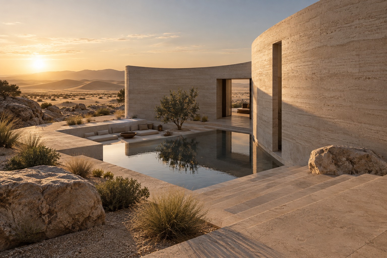 A sculptural contemporary desert villa in pale earth-toned stone, beside dunes and a reflecting pool.