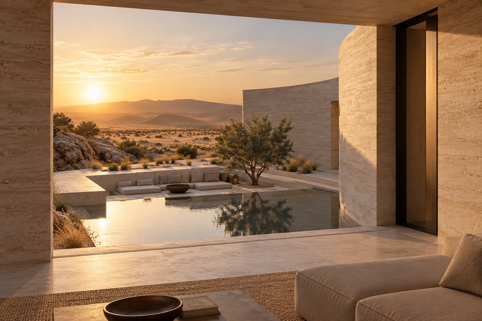 Interior view towards the same curved stone desert villa courtyard and pool.