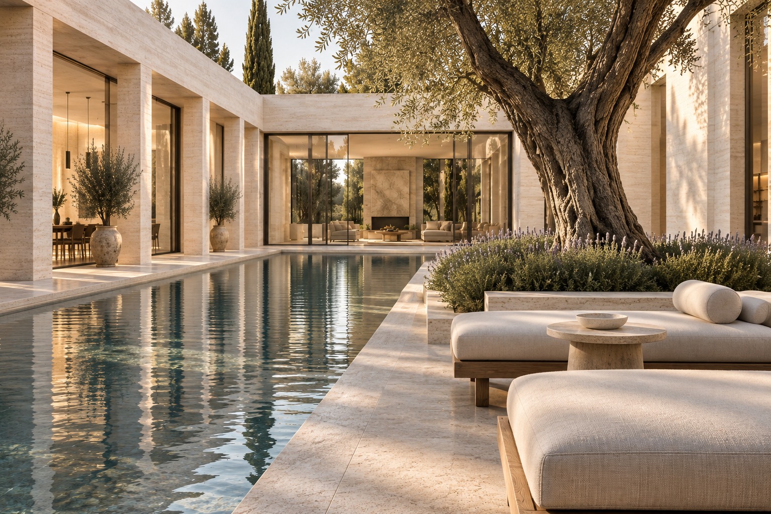 Close view of sunbeds beside the same travertine courtyard pool.