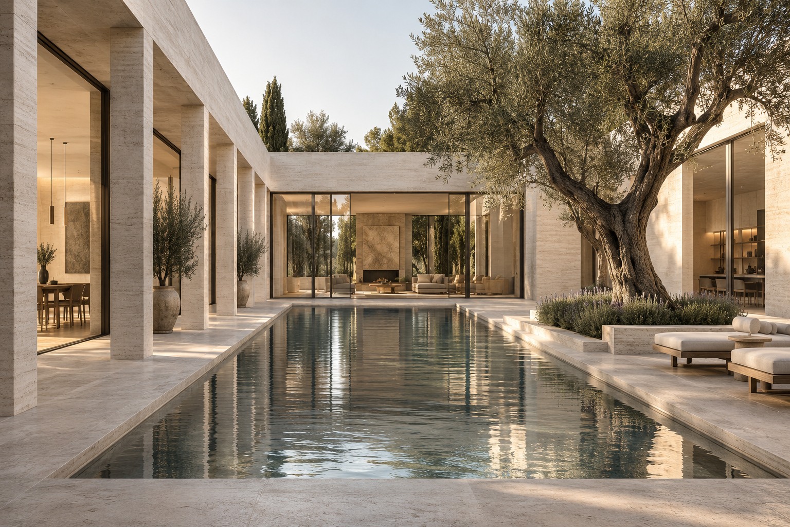 A refined contemporary travertine courtyard villa with slim columns, a pool and a mature olive tree.