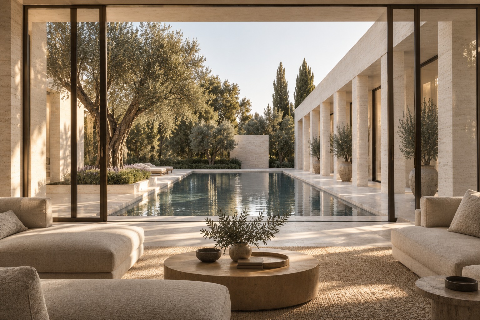 Living room looking towards Olive Court’s pool, travertine colonnade and olive tree.