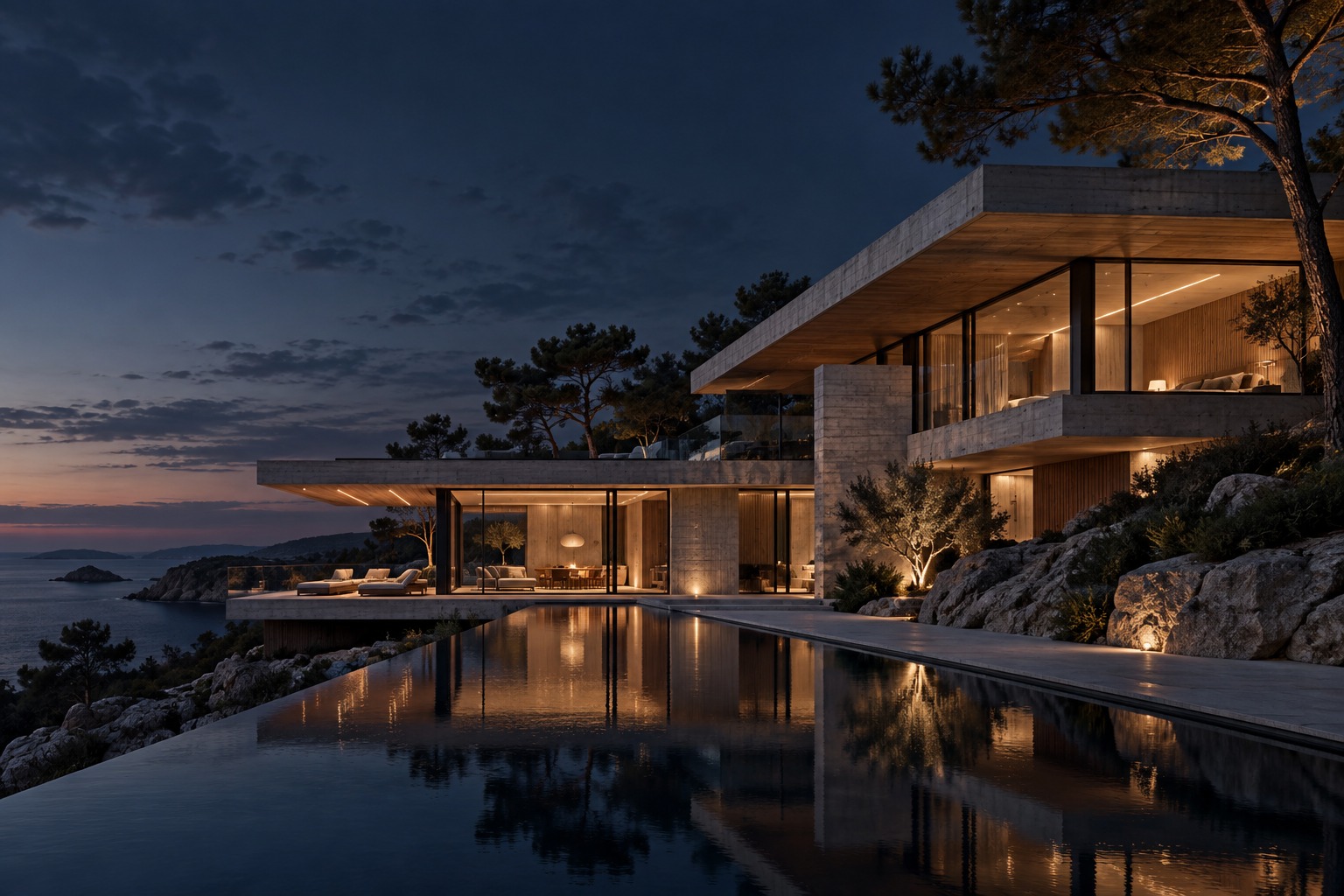 A contemporary concrete and timber coastal villa with warm interiors and a reflecting pool at blue hour.